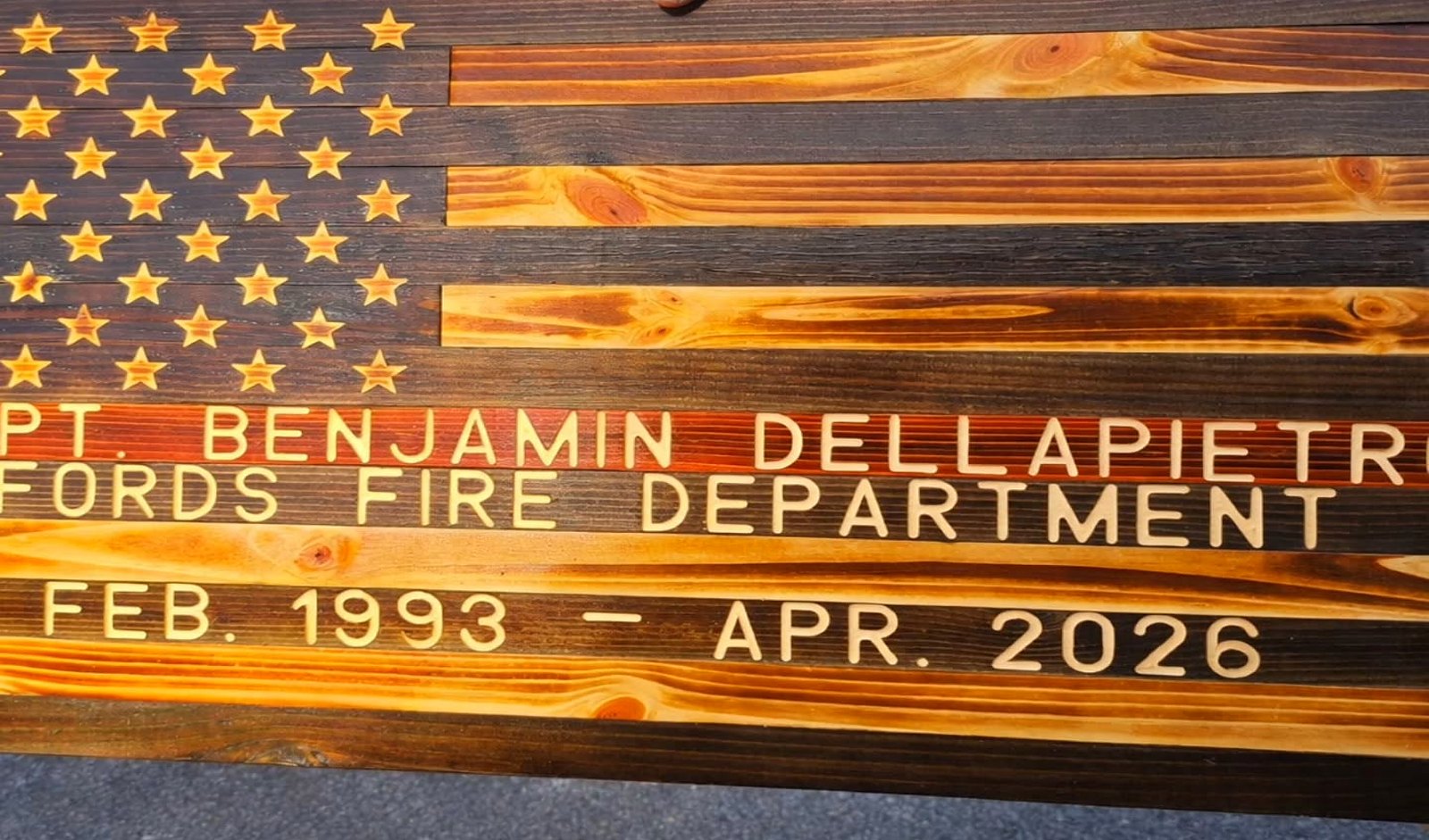 Engraved Fords Fire Department retirement flag