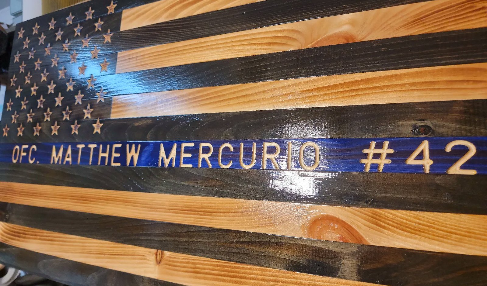 Blue line flag engraved OFC. Matthew Mercurio #42